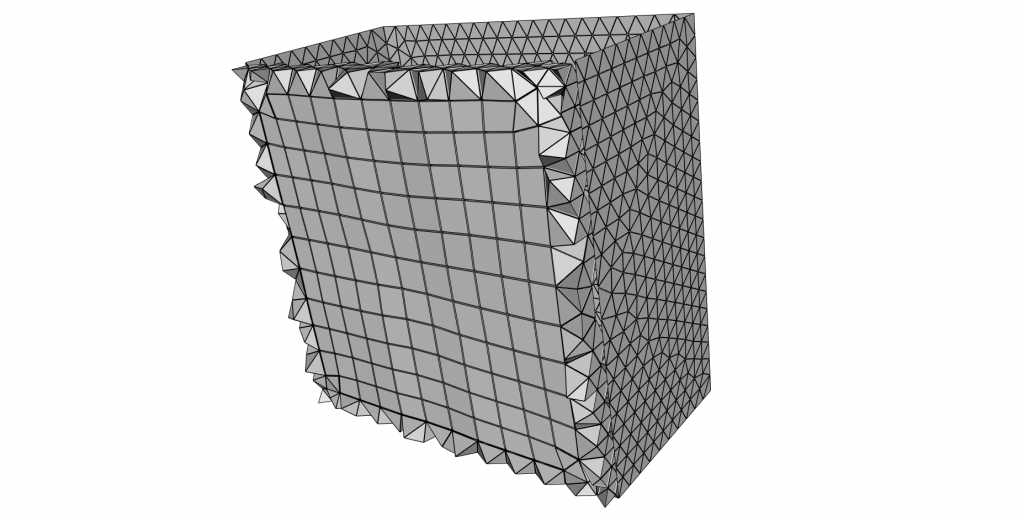 Hybrid mesh made of pyramids, hexahedron and tetrahedron